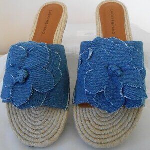Lucky Brand Women's Biricha Floral Denim Flat Sandals Jute Trim Size-10M EUR-41